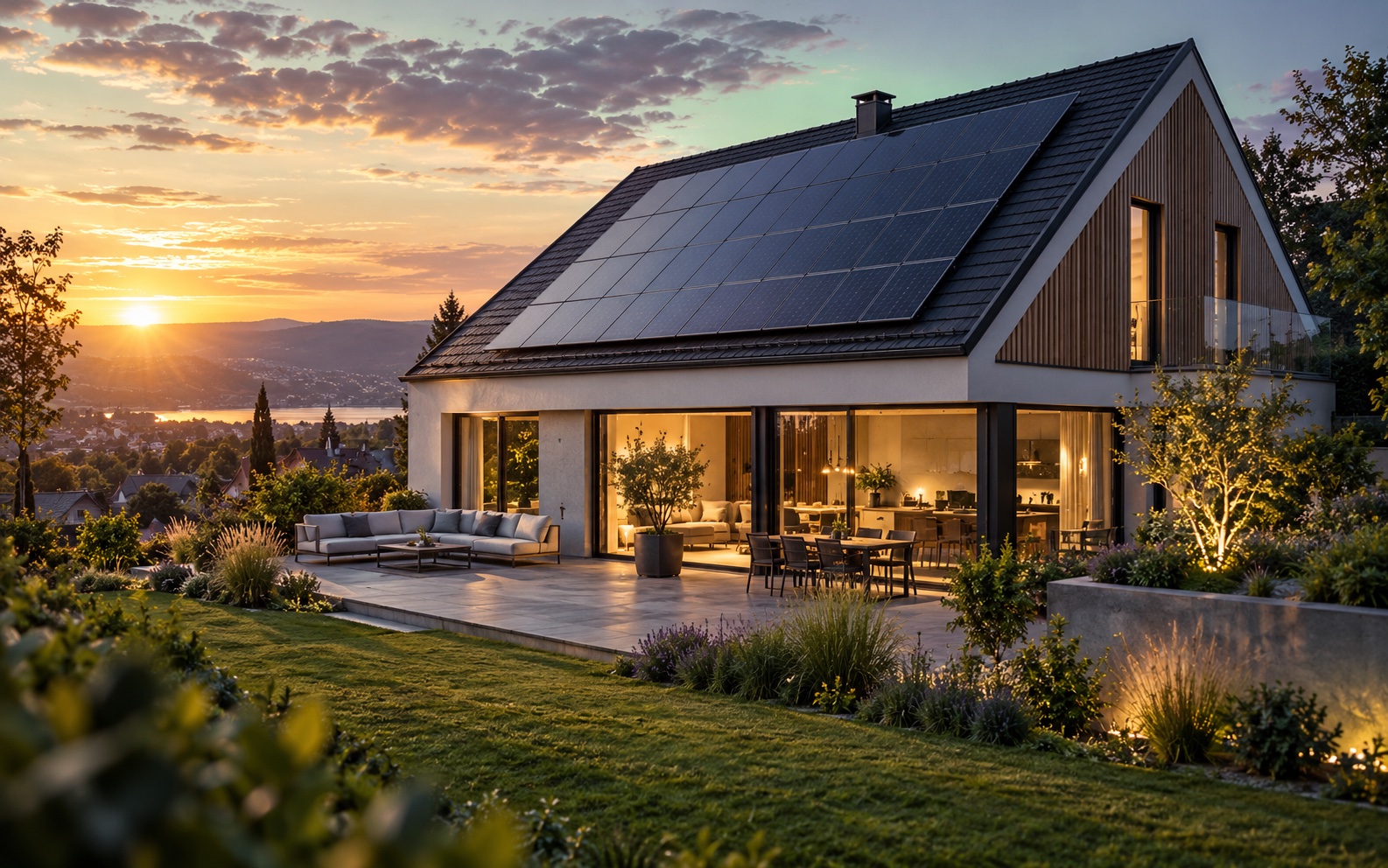 Wohnhaus mit Solarmodulen auf dem Dach bei Abendlicht